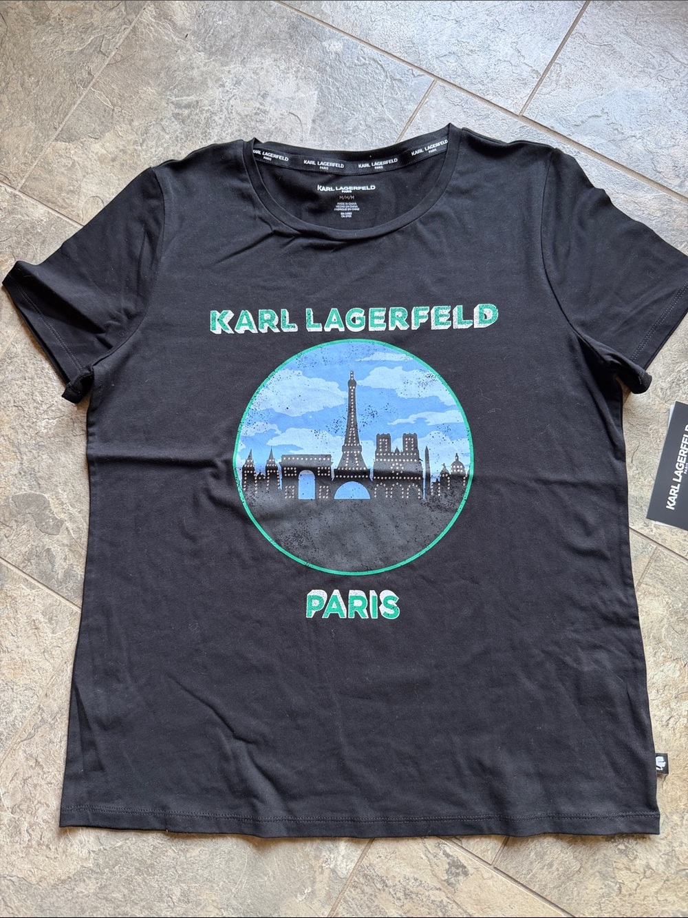 Karl Lagerfeld Black Tee with Blue & Green Paris Graphic